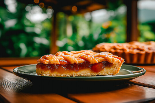 Pasta Frola de membrillo reci&eacute;n hecha colocada sobre la mesa de madera en el jard&iacute;n, receta tradicional de Argentina, tarta horneada.