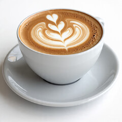 A hot cup of creamy latte art with a heart design on a brown table is a perfect breakfast beverage