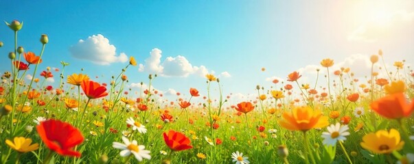 A vibrant, sun-drenched field of wildflowers swaying gently in the breeze, creating a cheerful and idyllic scene Perfect for themes of nature, happiness, and carefree joy , energy, orange