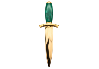 A detailed, elegant dagger with a gold handle and a striking green malachite inlay.