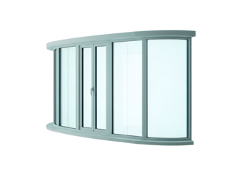 A modern, light gray bay window with clear glass panes against a black background.
