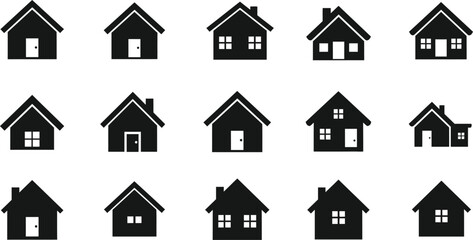 various house designs displayed in rows on transparent background