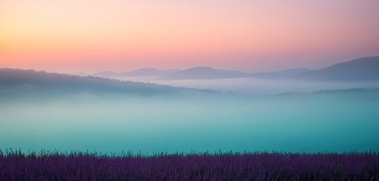 Serene lavender field at dawn with misty mountains and soft pastel sky