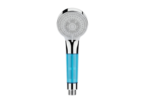 Modern showerhead with a translucent blue water filter section, showcasing a sleek design and providing filtered water.