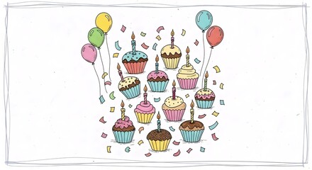 Colorful cupcakes with candles, balloons, confetti on white background, birthday theme. Pastel & bright colors create festive atmosphere. Meta AI Generated