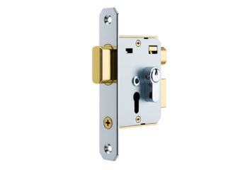 Modern metallic door lock, detailed view, with contrasting gold accents, against a dark backdrop.