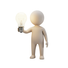 3d faceless stickman character holding glowing light bulb isolated on white background, symbol of creativity, idea, and innovation
