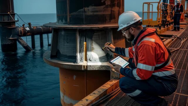 Visual documentation of quality assurance tests during offshore monopile grouting highlighting sealing and bonding processes.