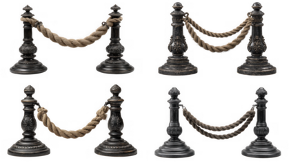 Four ornate black stanchions with rope barriers, isolated on transparent background