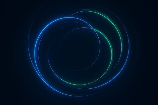 Abstract glowing circle with blue and green light trails on dark background - Powered by Adobe