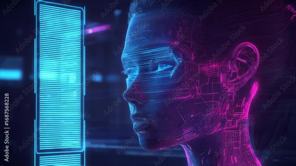 Aufkleber artificial intelligence woman face observing source code on virtual screen