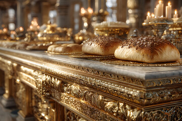 Table of Showbread and the bread of the Presence desribed in the book of Moses Exodus, Old Testament. 3drendering biblical illustrtion.