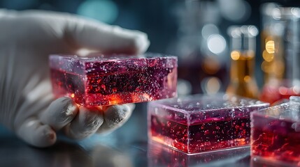 Scientist examines red liquid sample in lab glassware