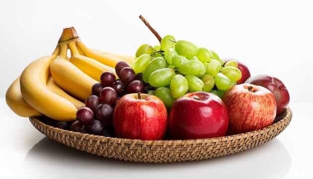 fresh fruit platter with red apples green apples grapes and bananas healthy delicious snack colorful vibrant vitamins natural food breakfast dietary fiber organic on white background