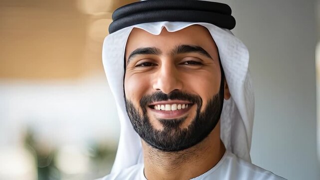 Emirati man portrait with smiling, and indoors.