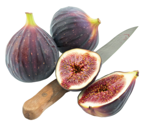 Fresh ripe purple figs, one cut in half revealing its juicy red interior, with a knife on a transparent background, isolated on transparent background