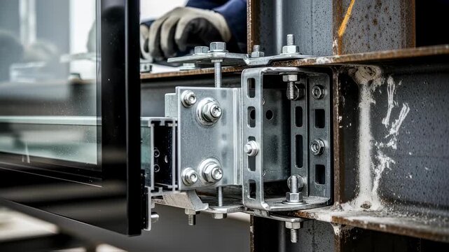 Closeup on mechanical fasteners and brackets securing vacuumglazed prefab fa&ccedil;ade panel to steel building frame during fit.