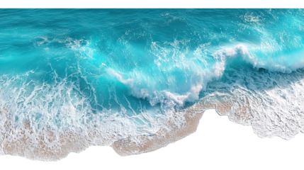 Ocean wave crashing on sandy beach isolated on a transparent white background, clipping path