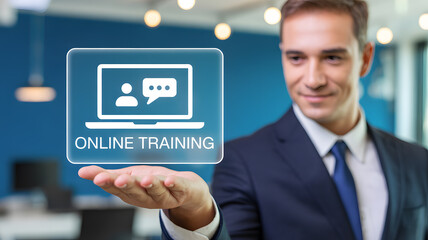 Professional businessman presents modern online training solutions for digital learning and remote education growth