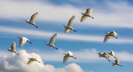 Fototapeta premium White birds flying with blue sky.