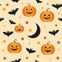 Halloween Pattern with Pumpkins Bats and Moon seamless