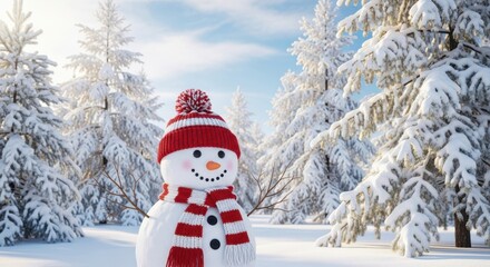 Fototapeta premium A Cheerful Snowman in a Snowy Winter Forest Scene