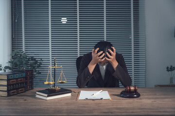 Obraz premium Frustration in the Legal Arena: A person, burdened by legal matters, sits hunched at a desk with eyes closed and hands on head, signifying distress and the weight of their circumstance. 