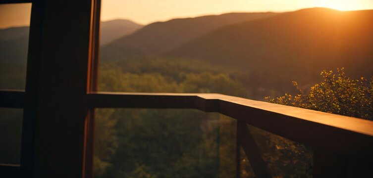 Serene mountain vista unfolds at golden hour from cozy cabin balcony, evoking peace - Powered by Adobe