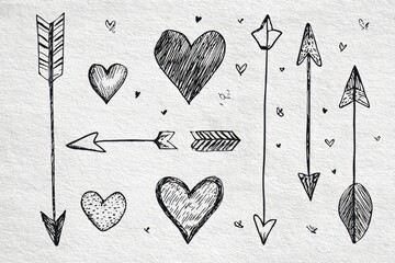 vector illustration of a set of hand drawn doodle arrow and heart on transparent png background