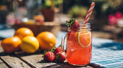Refreshing summer drink recipe homemade strawberry orange lemonade in mason jar on wooden table outdoors