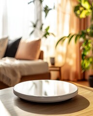 Empty round platform on wooden table in bright cozy living room interior