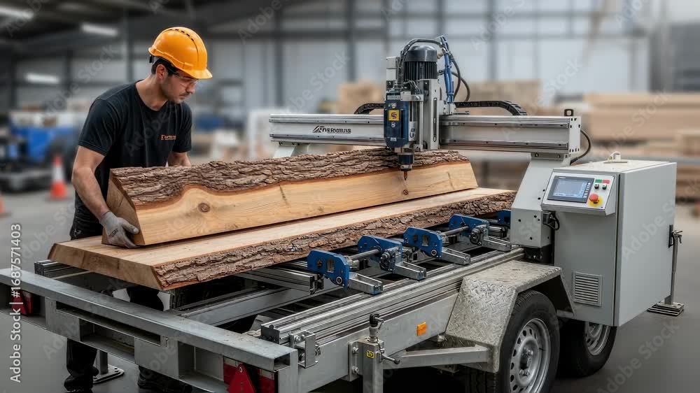 Poster craftsman loading raw timber into a mobile cnc timberjoinery station preparing materials for automat