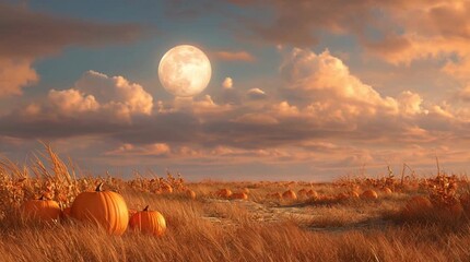 Orange pumpkins sit in a dry field at sunset, under a large harvest moon and fluffy clouds. Warm, autumnal tones dominate the scene. - Powered by Adobe