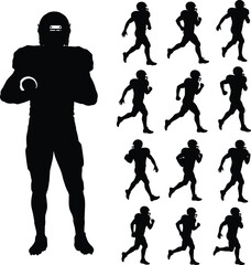 American Football Player Silhouette Set: Dynamic Vector Illustrations of Athletes in Various Poses for Sports-Themed Designs

.