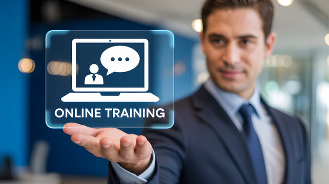 Professional businessman presents dynamic online training solutions for business growth and learning opportunities