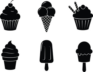 Dessert Silhouette Collection: Vector Illustrations of Black and White Cupcakes, Ice Cream Cones, and Popsicles

.