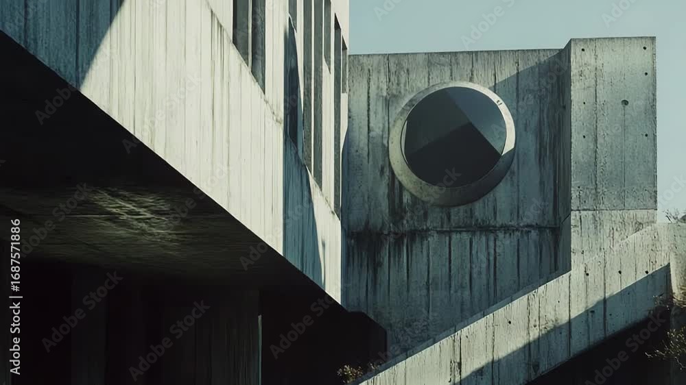 Poster brutalist architecture concrete building showing geometric shapes and a circular window