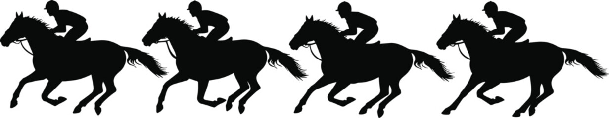 Horse Racing Silhouette Collection: Black & White Vector Illustrations of Jockeys on Galloping Racehorses

.