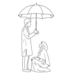 A man holding an umbrella for a woman, symbolizing protection and care in a vector line art illustration.