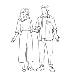 A couple holding hands and looking back while walking, in a vector line art illustration.