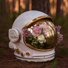 Vintage Astronaut Helmet Filled with Fresh Floral Arrangement in Forest Setting
