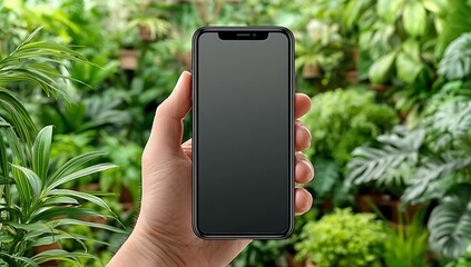 Hand holds smartphone against lush green garden backdrop