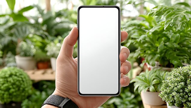 Hand holds smartphone in lush green plant nursery