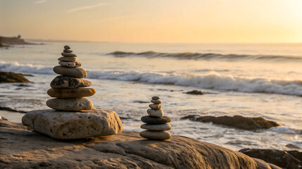 Two balanced cairns on rocky shore at sunset stone balancing