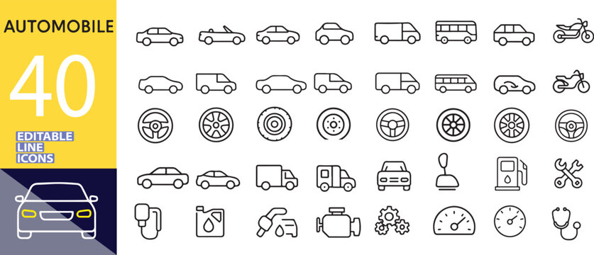 Automobile Icons Set Editable Line Icons Vehicle Car Transportation Outline