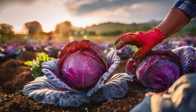 harvesting fresh red cabbage in organic farm culinary photography natural light close up shot healthy eating concept