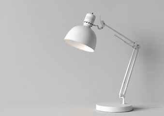 White Industrial Desk Lamp with Minimalist Design on White Background, 3D Render of Modern Lighting