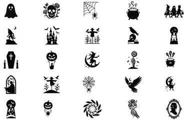 Halloween Icons and Symbols Collection Spooky Black and White Silhouette Illustrations