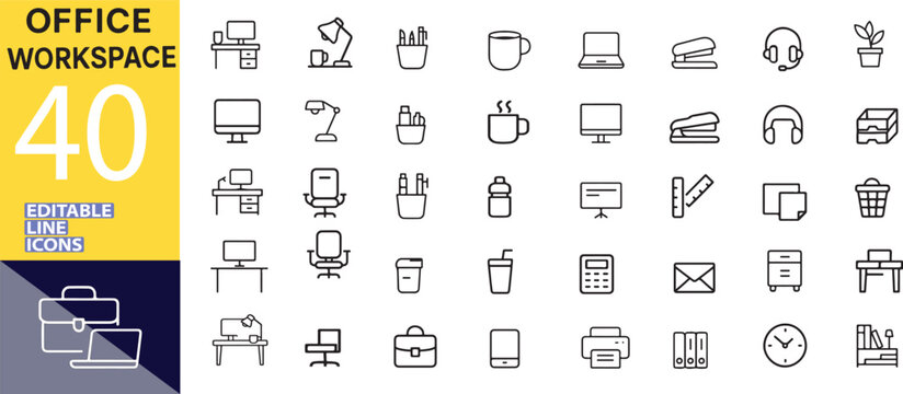 Office workspace line icons set for business and technology illustrations