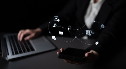 Omnichannel marketing journey showing interaction across media, email, messaging, mobile,...
